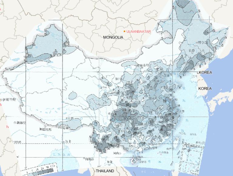 1981-2010年中国平均秋季雾日数在线地图