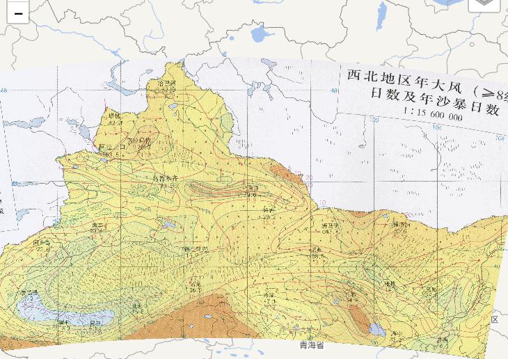 中国西北地区年大风（≥8级）日数及年沙暴日数在线地图