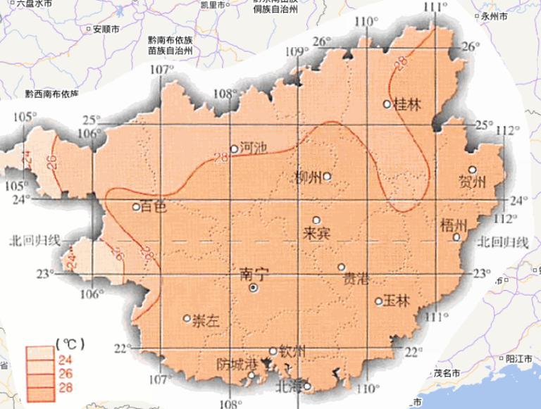 中国广西壮族自治区七月平均气温在线地图