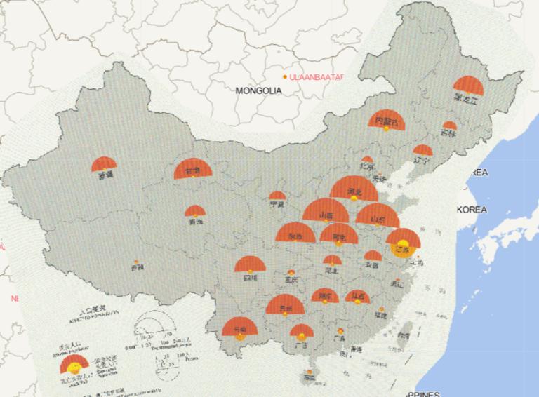 2016年中国风雹灾害分省人口受灾情况在线地图