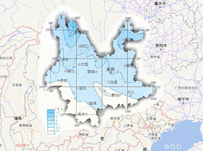 中国云南省一月平均气温在线地图