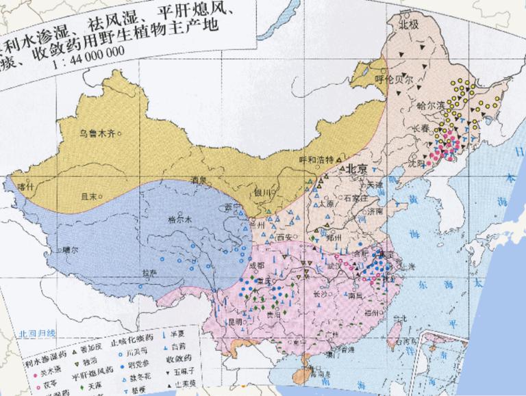 中国主要利水渗湿、祛风湿、平肝熄风、止咳化痰、收敛药用野生植物主产地在线地图
