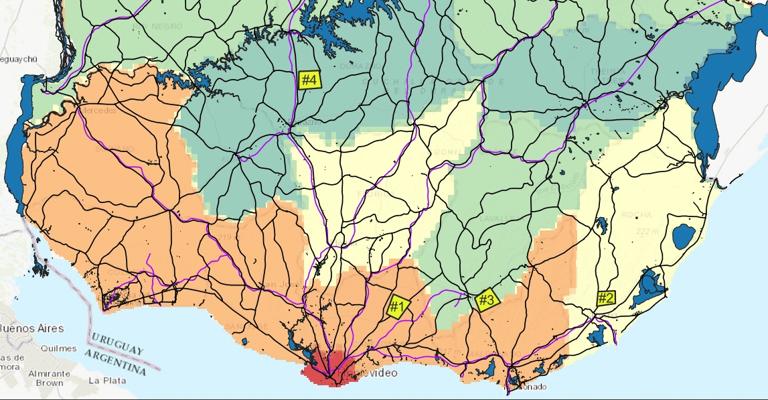 乌拉圭地图,有橙色、黄色和蓝绿色部分