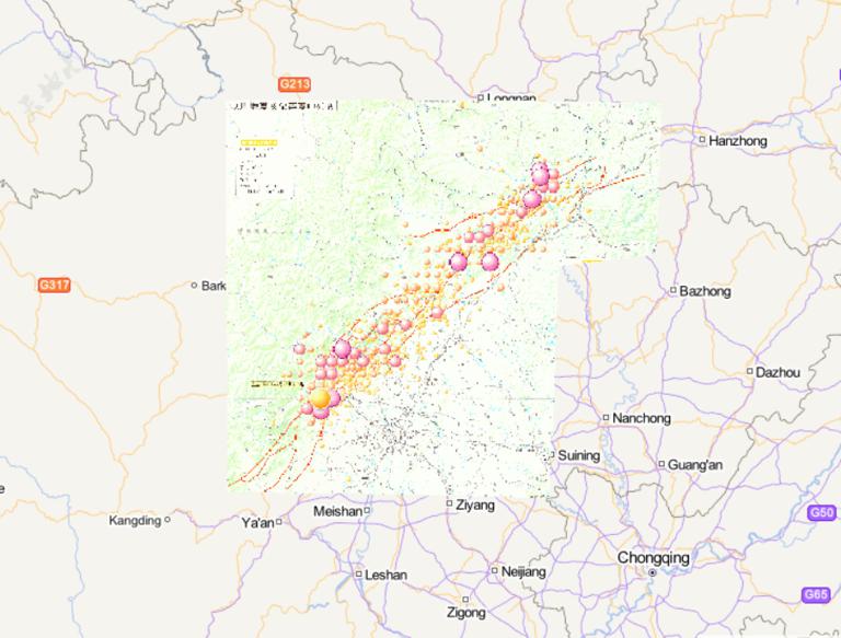 中国汶川地震及余震震中分布在线地图