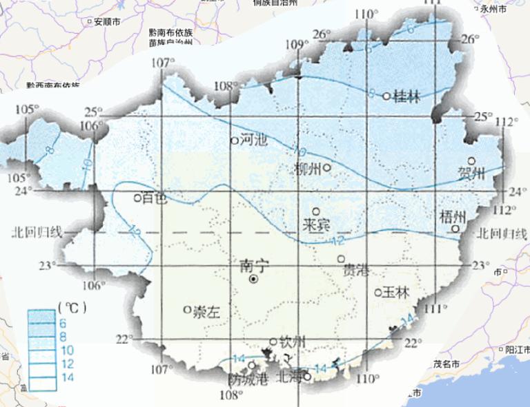 中国广西壮族自治区一月平均气温在线地图