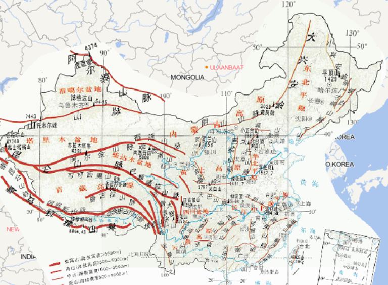 中国陆上主要山脉的在线地图