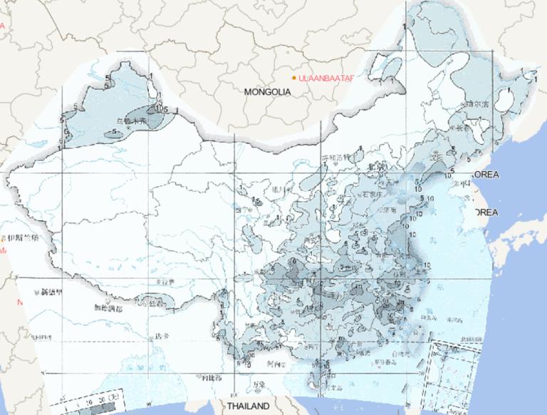 1981-2010年中国平均春季雾日数在线地图