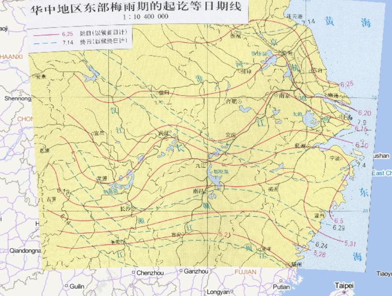 中国华中地区东部梅雨期的起讫等日期线地图