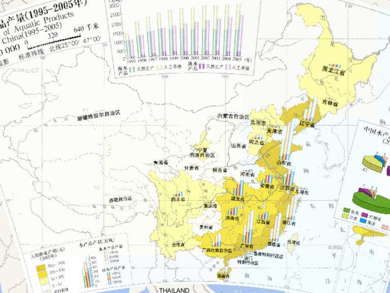 1995-2005年中国水产品产量在线地图