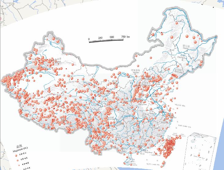 中国地震震中分布在线地图（震级4级至5级）