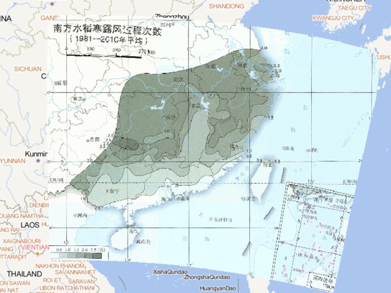 1981-2010年中国平均南方水稻寒露风过程次数在线地图