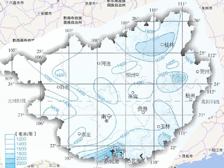 中国广西壮族自治区年降水量在线地图