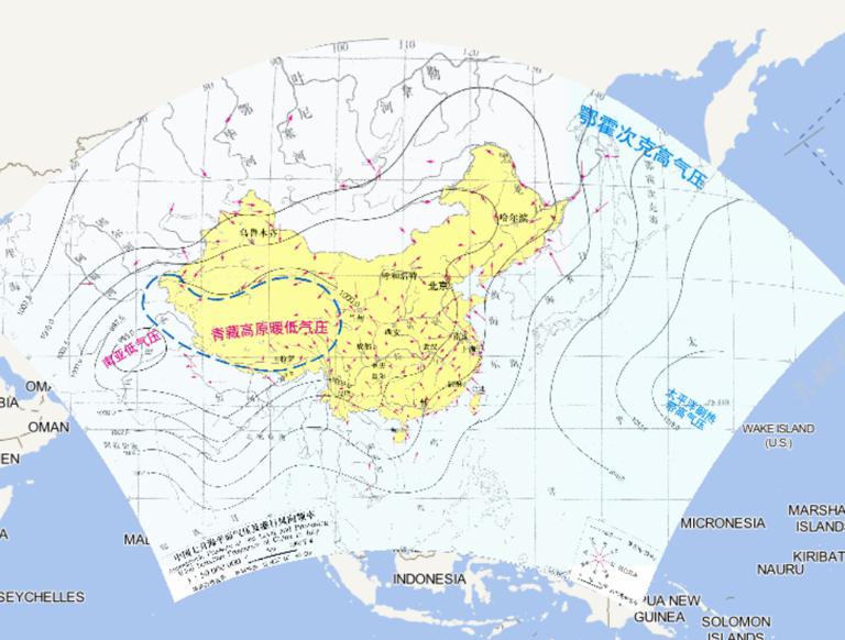 中国七月海平面气压及盛行风向频率在线地图
