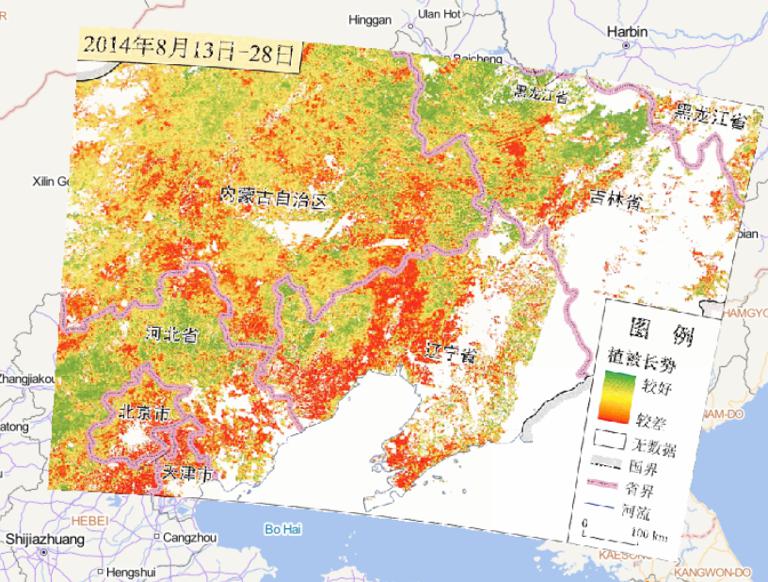 2014年8月13日-28日辽宁中西部及南部、内蒙古东部地区植被长势在线地图
