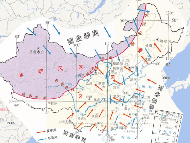 中国的季风区和非季风区的在线地图