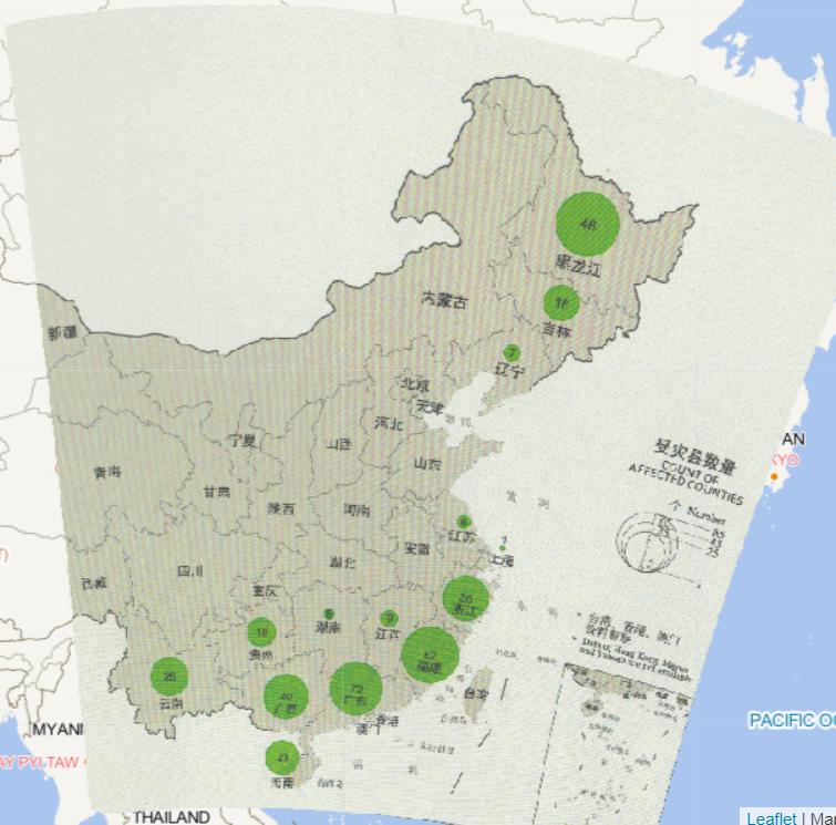 2016年中国台风灾害分省受灾县数量在线地图