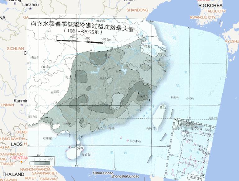 1961-2015年中国南方水稻春季低温冷害过程次数最大值在线地图