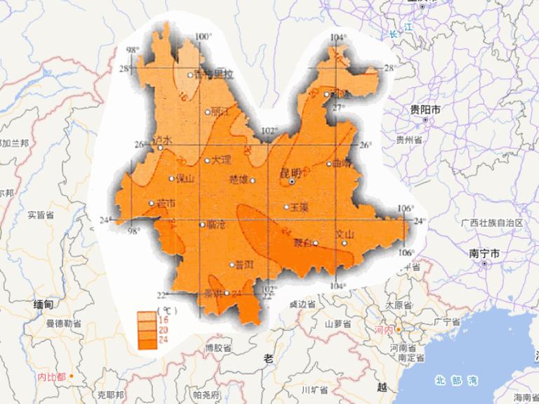 中国云南省七月平均气温在线地图