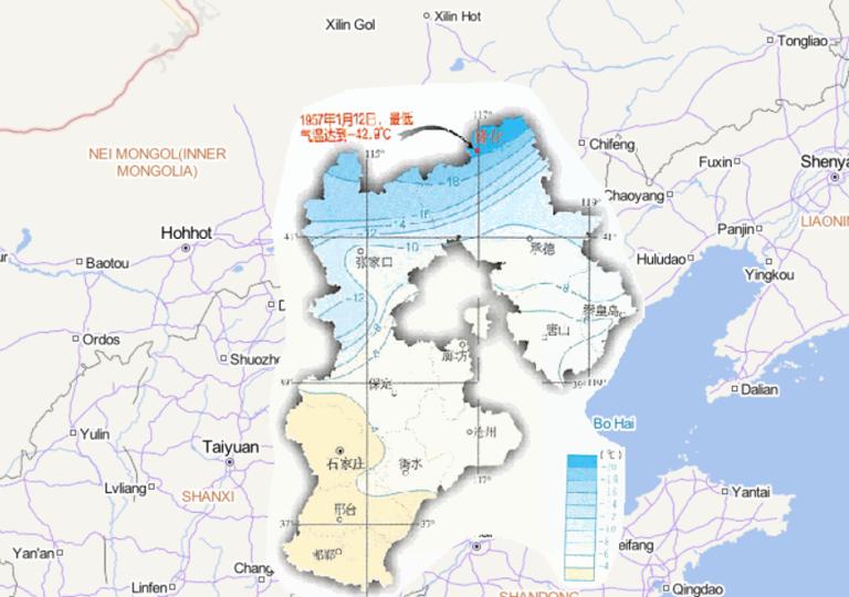 中国河北省一月平均气温在线地图