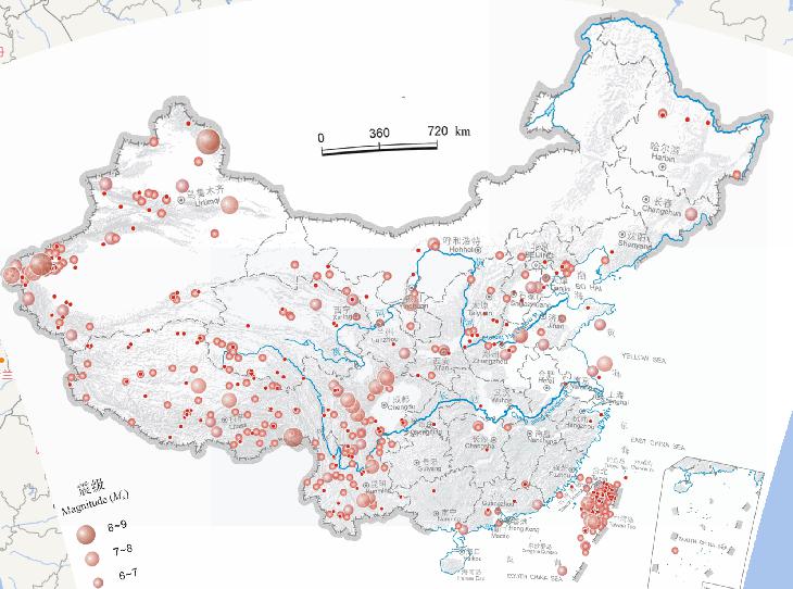 中国地震震中分布（公元前2300-公元2000年，8月，震级4级以上）
