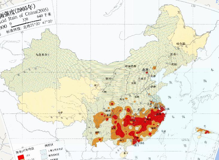 2005年中国酸雨强度在线地图