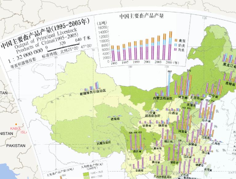 1995-2005年中国主要畜产品产量在线地图（1:3200万）
