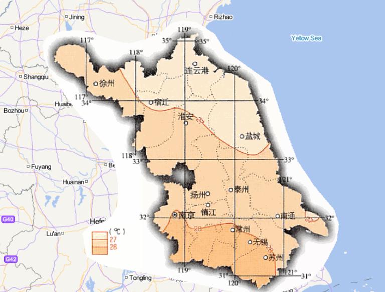 中国江苏省七月平均气温在线地图