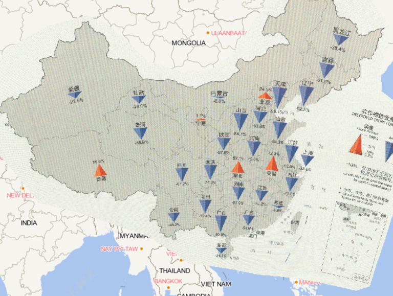 2016年中国分省农作物绝收面积与2000年以来均值对比情况在线地图
