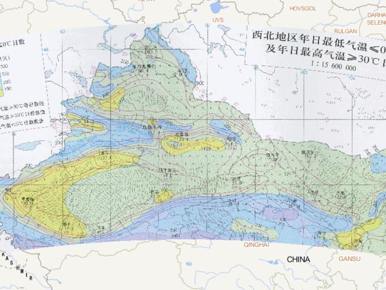 中国西北地区年日最低气温≤0℃日数及年日最高气温≥30℃日数在线地图