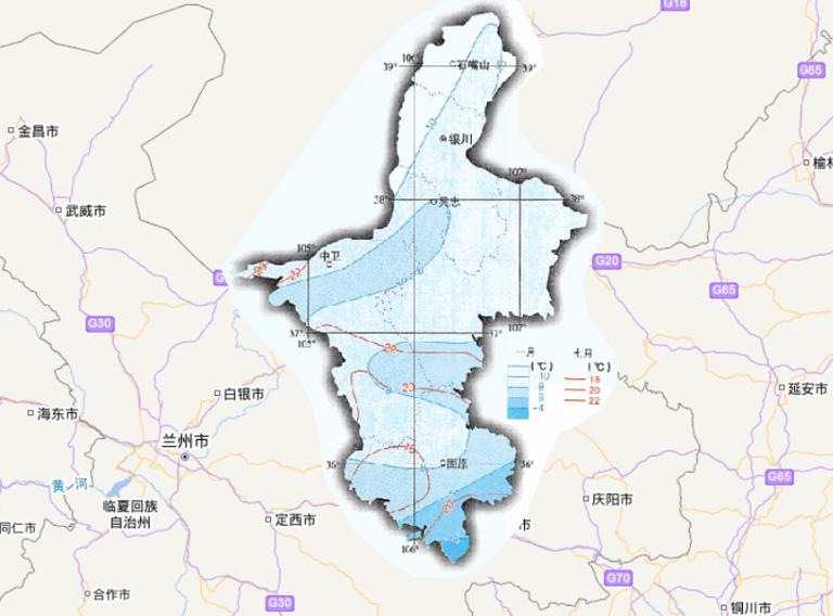 中国宁夏回族自治区一月、七月平均气温在线地图