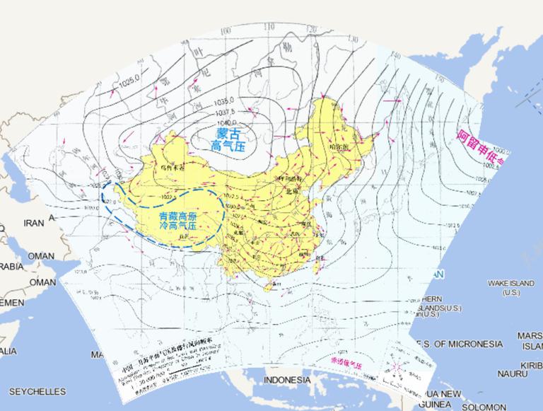 中国一月海平面气压及盛行风向频率在线地图