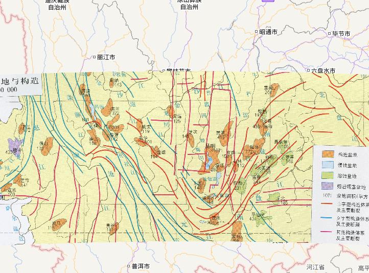 中国云南中部盆地与构造在线地图