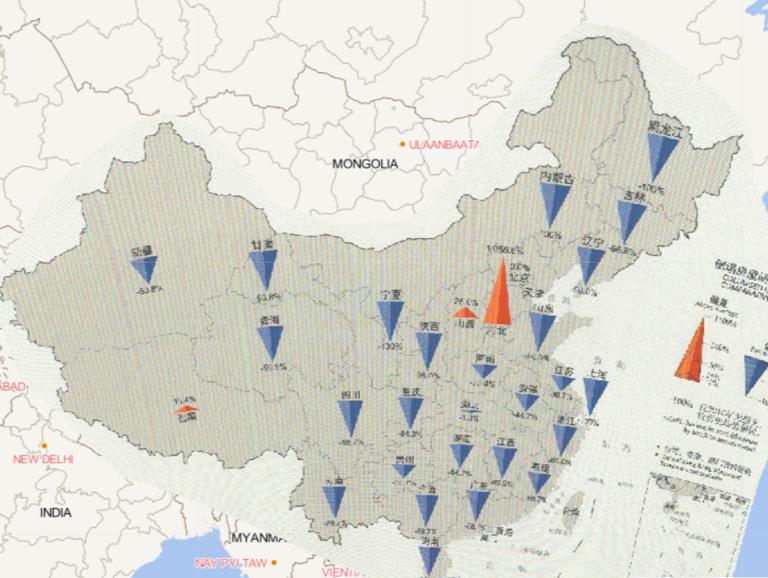 2016年中国分省倒塌房屋数量与2000年以来均值对比情况在线地图
