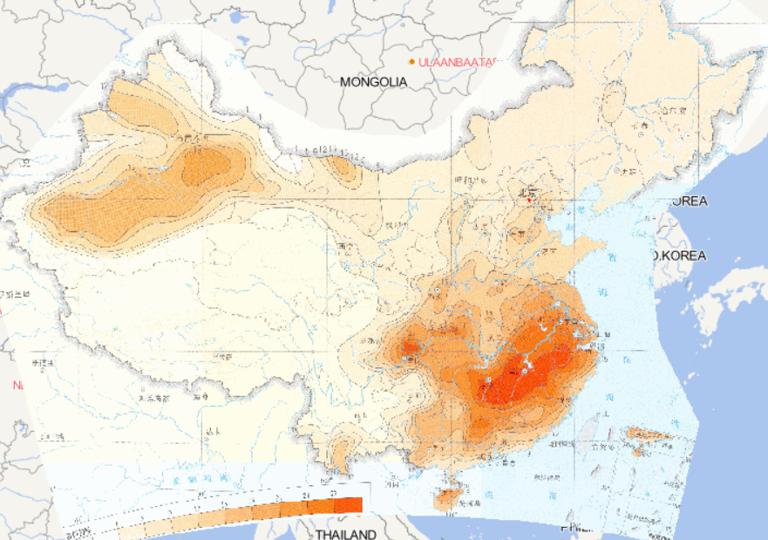 中国连续高温日数100年一遇阈值分布在线地图