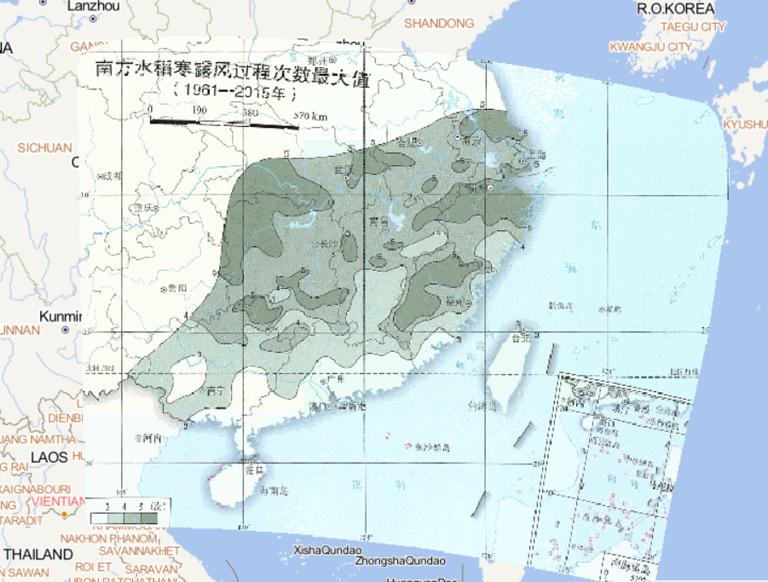 1961-2015年中国南方水稻寒露风过程次数最大值在线地图
