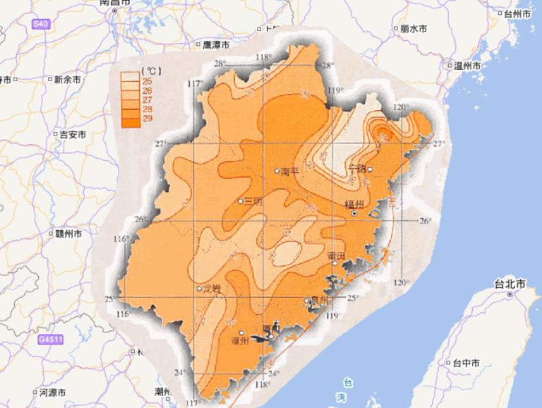 中国福建省七月平均气温在线地图