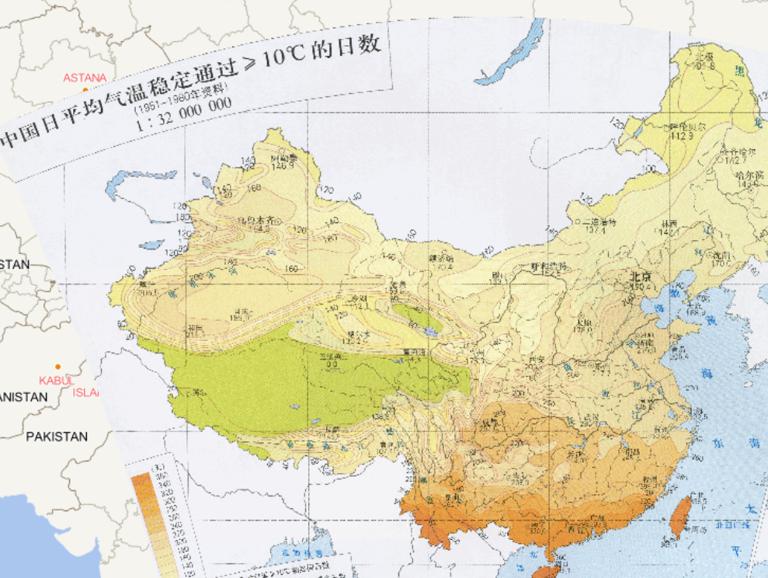 中国日平均气温稳定通过≥10℃的日数（1951-1980年资料）在线地图