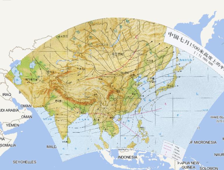 中国七月1500米高度上的平均流场在线地图