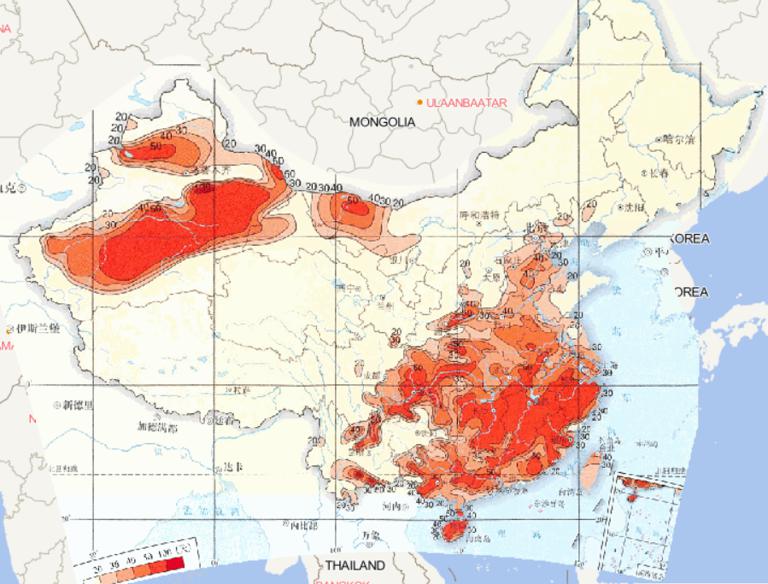 1961-2015年中国年高温日数最大值在线地图