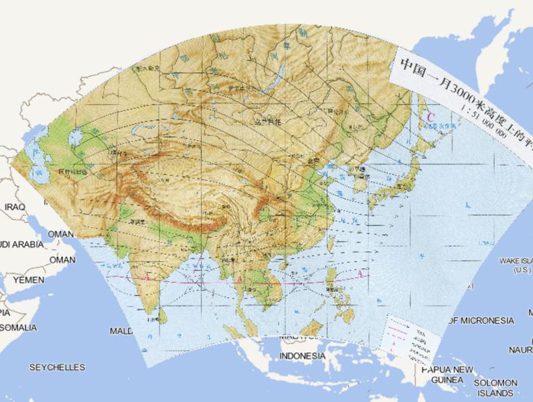 中国一月3000米高度上的平均流场在线地图