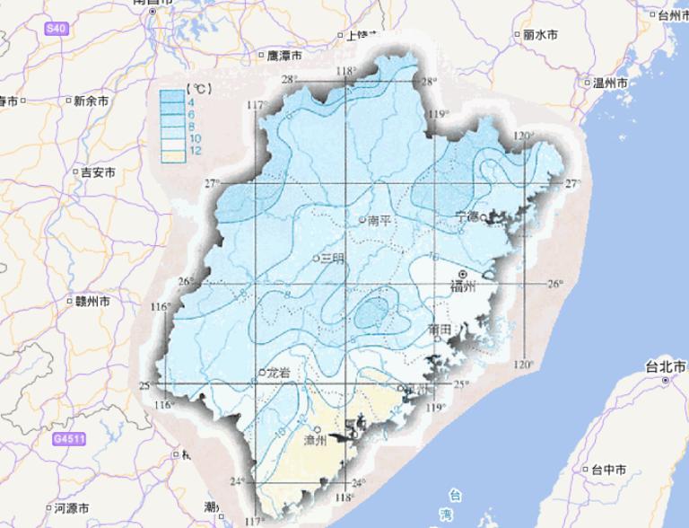 中国福建省一月平均气温在线地图