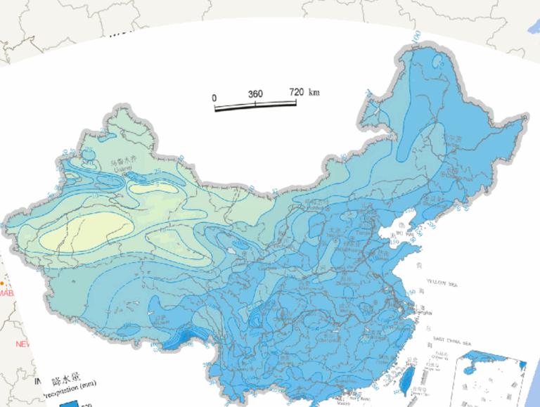 中国多年平均月降水量（8月份）在线地图