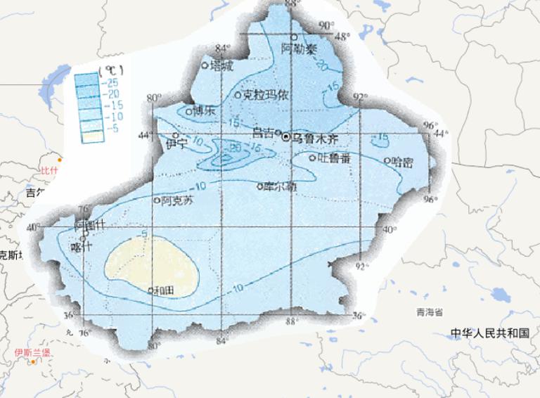 中国新疆维吾尔自治区一月平均气温在线地图
