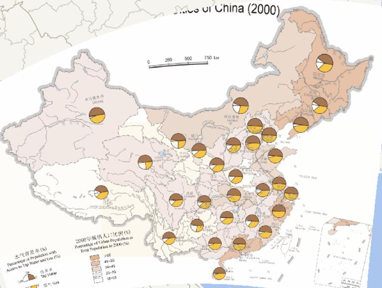 中国城市水、气普及率在线地图（2000年）