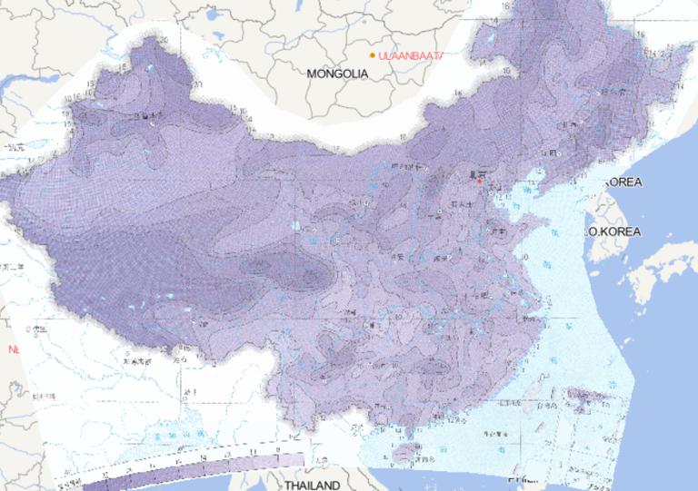 中国日降温100年一遇阈值分布在线地图