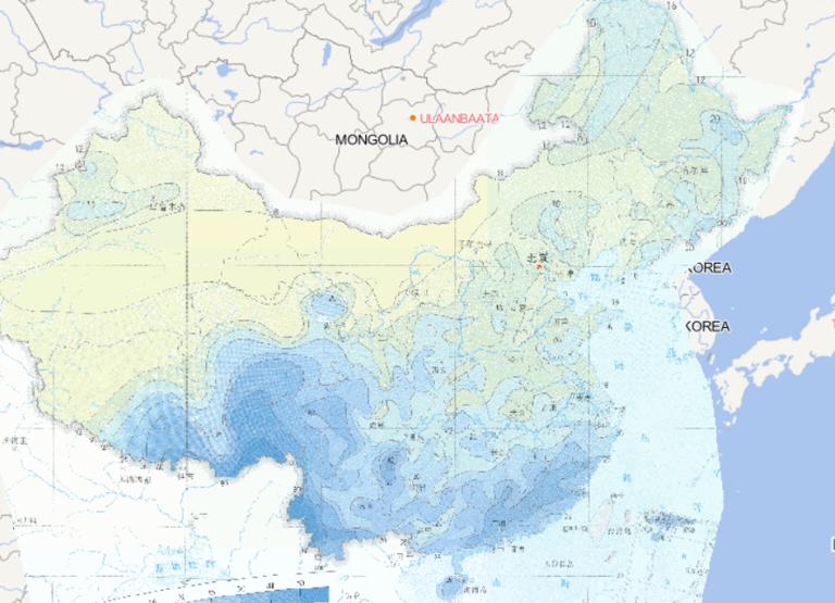 中国连续降水日数100年一遇阈值分布在线地图