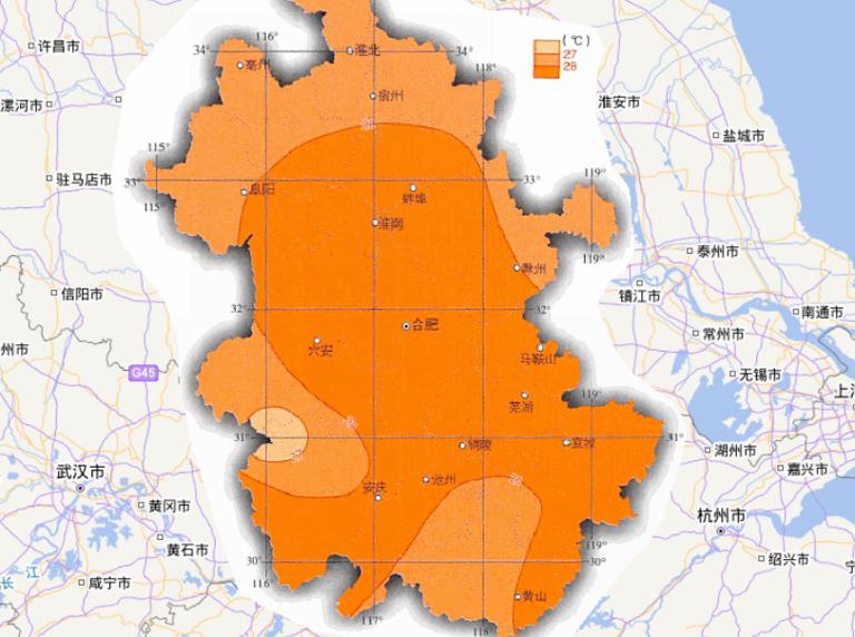 中国安徽省七月平均气温在线地图