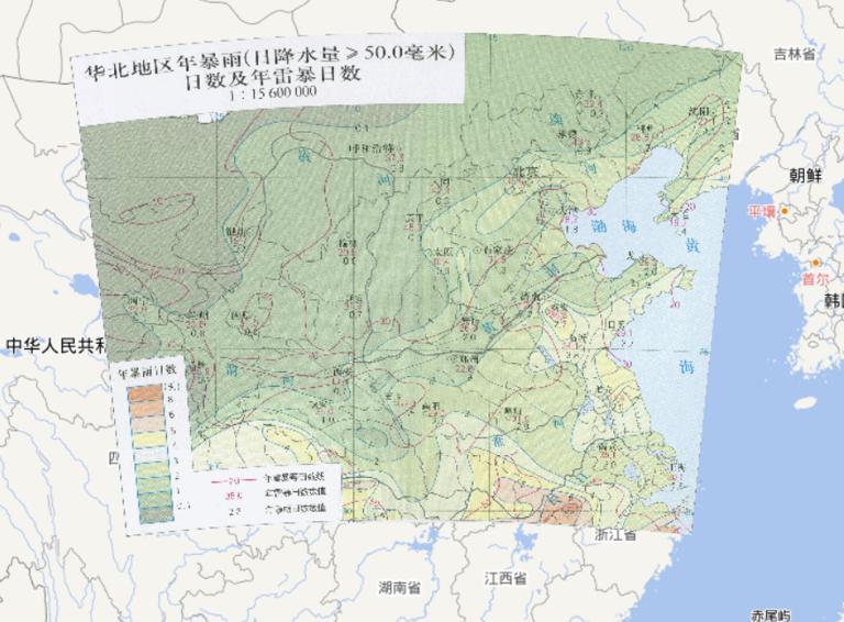 中国华北地区年暴雨（日降雨量≥50.0毫米）日数及年雷暴日数在线地图