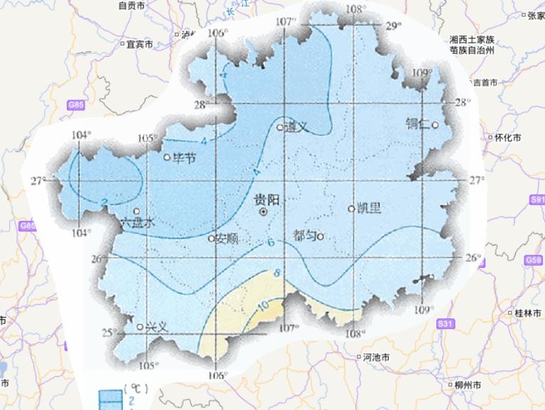中国贵州省一月平均气温在线地图