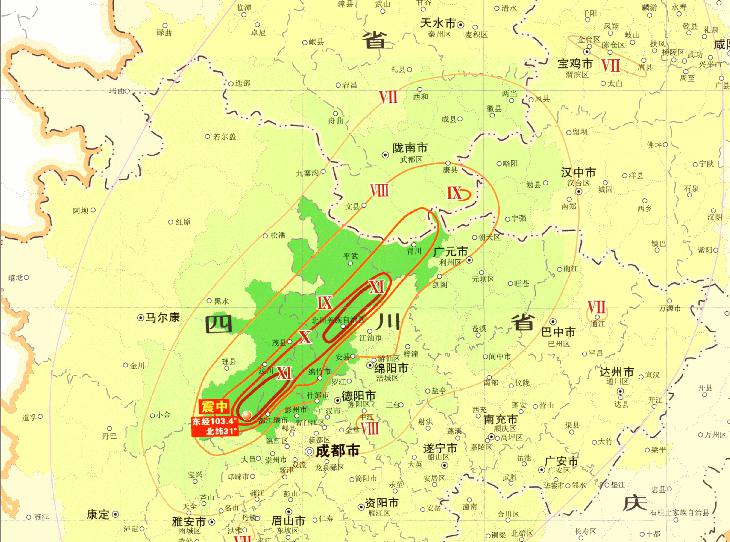 中国四川汶川地震受灾范围与程度在线地图